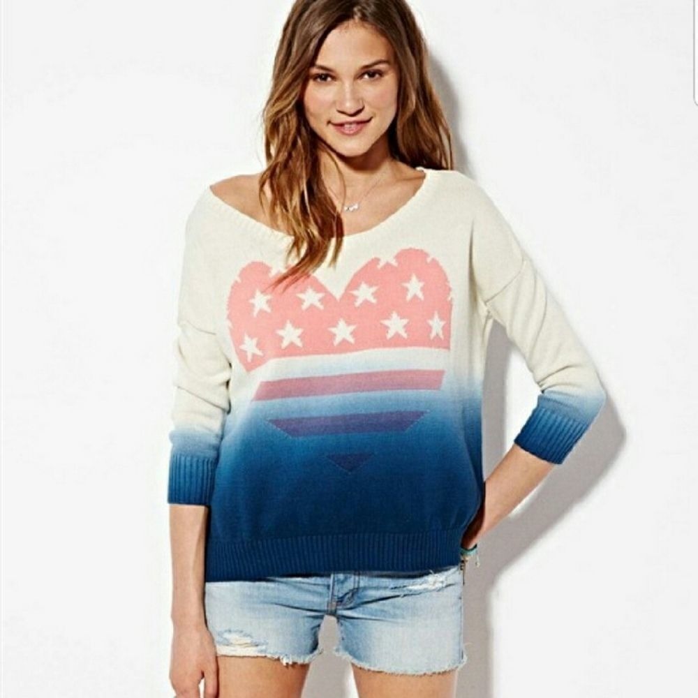 American Eagle Ombre Heart Star Sweater Cream Blue Pink XS Patriotic Slouchy